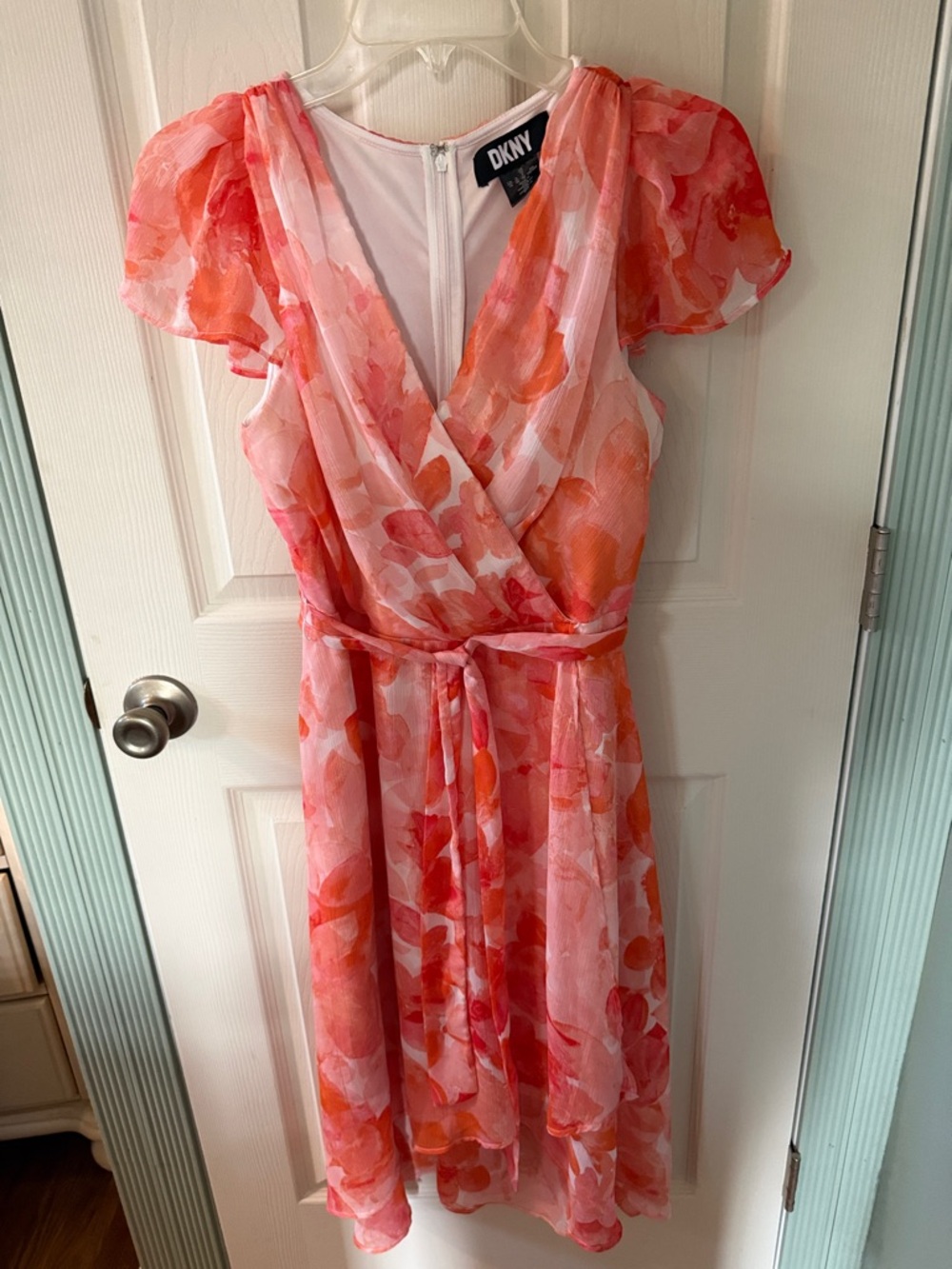DKNY Pink Coral Floral Wrap-Style Midi Dress